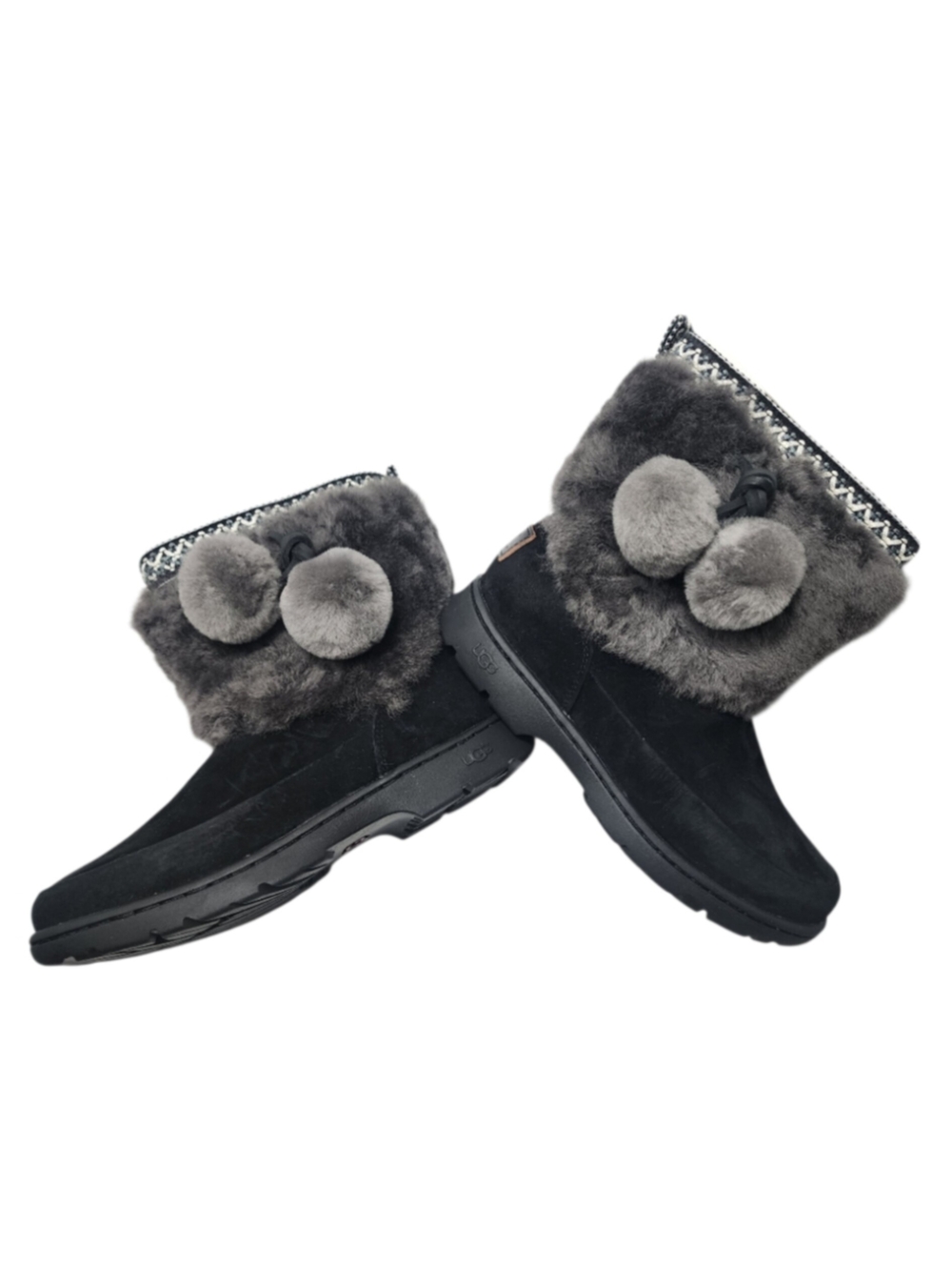 UGG Brie Sheepskin Waterproof Suede Boots Black with Pom Pom
